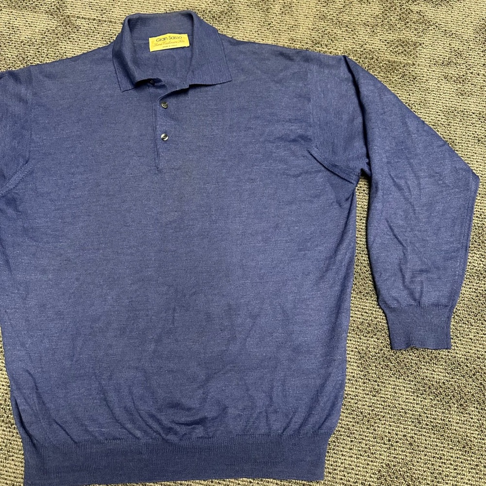 Gran Sasso Mens Wool Silk Cashmere Long Sleeve Polo Sweater Blue Made in Italy